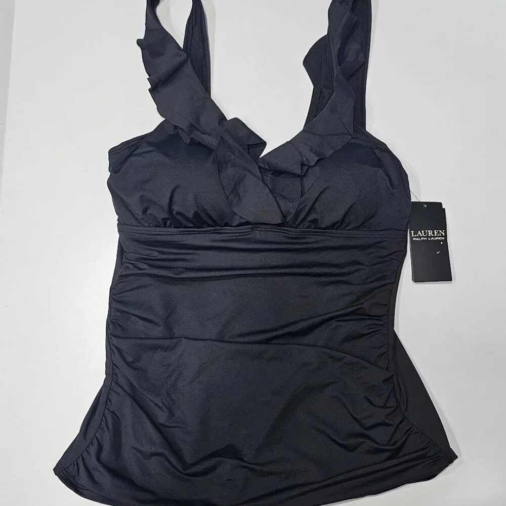 Lauren Ralph Lauren Beach Club Solid Ruffle Underwire Tankini Top Size 8 - Picture 5 of 10
